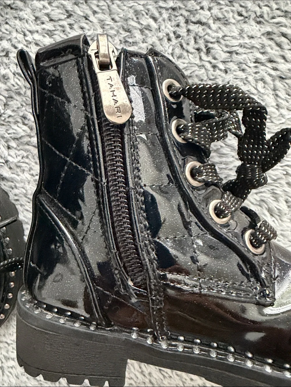 Tahari Girls Black Patent Sparkle Lace-Up Side Zip Combat Boots with Stud Trim